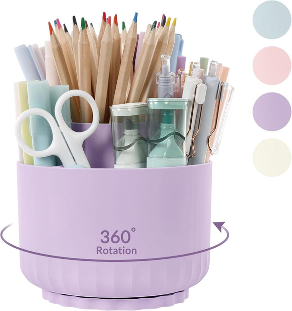 SKYDUE 360 Degree Rotating Desk Organizer, Purple Dual-Purpose Pencil Pen Holder with 5 Slots