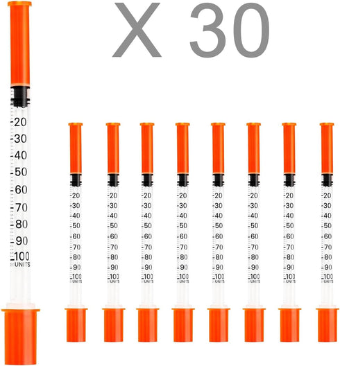 U-100 Syringes with Needle, 30G 5/16" (8mm) 1ml/cc Disposable Syringe, Individual Wrapped, 30PACK