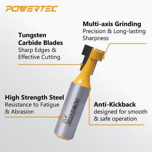 1/2" 1/2" 1/4" (73067) POWERTEC T Track Router Bit, Tungsten Carbide Tipped Router Bit, Shank, Dia., Slatwall