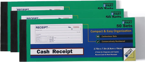 Gimehome 50 Sets 7 1/2" 2 3/4" 2-Part Cover(3pack) Money or Rent Receipt Book, x Carbonless, White & Canary, Bound