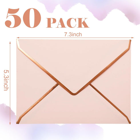 Whaline 50Pcs Blush Pink Invitation Envelopes with Rose Gold Border, V-Flap Gift Card Sleeves for Mailing, 7.3x5.3 Inch