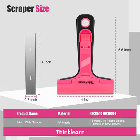 Razor Blade Scraper Tool, 4" Razor Scraper with 20Pcs Replacement Blades, Pink Glass Scraper for Removing Decals