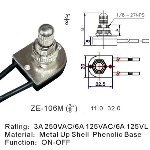 Rotary Switch Zing Ear ZE-106M 125VAC/6A 250VAC/3A 125VL/6A Two Wire Replaces 3/8" 90-501 80-1132 Turn Canopy Lights Lamps Thread Brass Knob On-Off Repair Kit Tool Metal UP Shell Phenolic Base