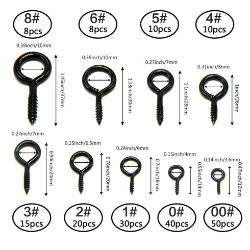 191pcs Screw Eyes Zinc Plated Metal Eye Hook Screw, Self Tapping Screws, 9 Sizes, Color Black