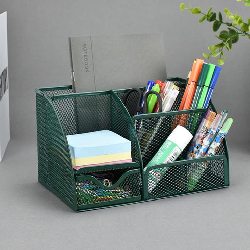 Green Desk Organizer Mesh Drawer Storage, 6 Compartments and Drawer, Desktop Caddy for Stationery, Cosmetics