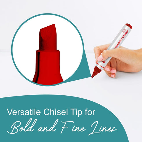 Permanent Markers, Chisel Tip, Red, Quick Drying Ink, Works on Paper, Wood, Plastic, Metal, Glass for Home, Office,