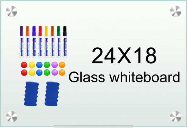 H-Qprobd White Board 24”x18“ Magnetic Dry Erase Boards, Frameless Glass Whiteboard for Wall, Includes 12 Magnets