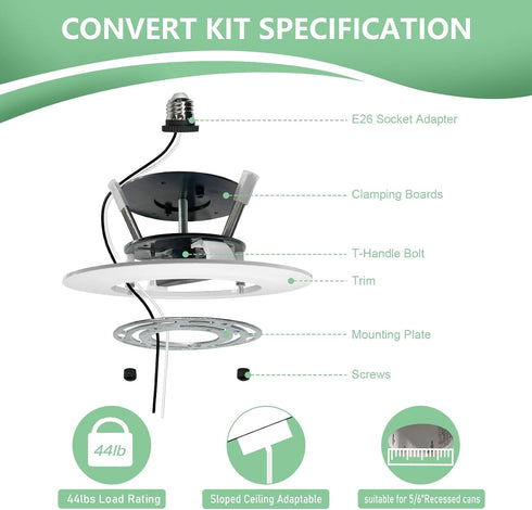 5/6" Room,1 Pack Soliseed Recessed Can Light Conversion Kit to Ceiling Light Fixture, Pendant & Hanging Light and Fan