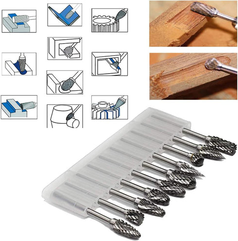 Double Cut Carbide Rotary Burr Set, 10 Pcs, 1/8" Shank, 1/4" Head Length for Woodworking, Drilling, Metal Carving