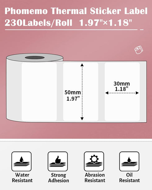 Phomemo Label Printer Thermal Sticker for M110/M100/M108/M220/M250/M221, 1.97"x1.18" (50x30mm), 230 Labels/Roll, Black