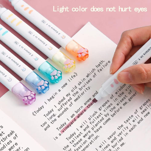 Double-Headed Cute Light Color Eye Protection Highlighter Markers, 6-Pack of 12 Flat Heads for School Supplies