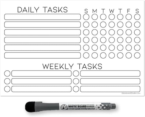 Dry Erase Whiteboard Task Planner - Glassboard Studio Removable Adhesive Decal with Fine-Tip Magnetic Marker