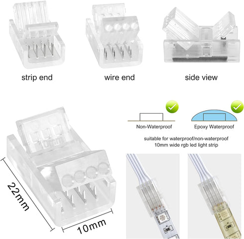 RGBZONE 10 Packs 4-Pin RGB LED Light Strip Connectors 10mm Wide Unwired Gapless Solderless Strip to Wire Quick Connectors Adapter for Waterproof or Non-Waterproof SMD 5050 Multicolor LED Light Strip by RGBZONE