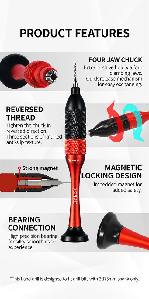 Precision Aluminum Alloy Hand Drill Set, Tungsten Steel Drill Bits (0.3mm-1.2mm) 10pcs for Hobby and Crafts