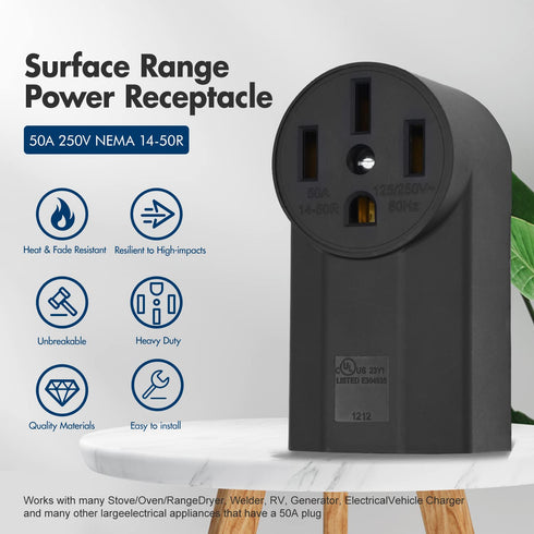 NEMA 14-50R Receptacle 3-Pole 4-Wire Surface Mount Power Receptacle 250V 50A UL Listed, bekca Black (NEMA 14-50R)