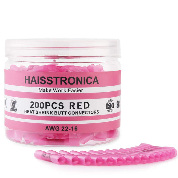 haisstronica 200PCS 22-16 AWG Red Heat Shrink Butt Connectors – Waterproof Marine Grade Tinned Copper Crimp Terminals