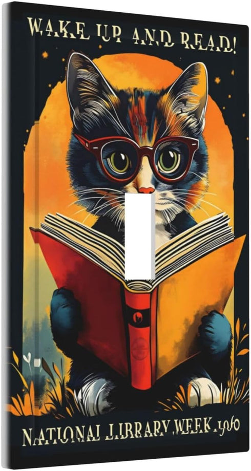 HTSAHKV 3 5 Inch Cat Reading Book Wall Plate Light Switch Cover Single Gang Outlet Faceplate Print Plate Cover X