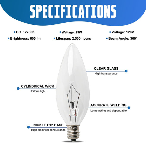 25W 120V E12 B10 Bulbs, Bulbs Dimmable, 2700K (Pack 12) SATONA Base CTC Incandescent Light Transparent Candle Light