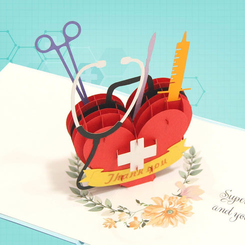 CUTE POPUP Medical Thank You Card with Superhero Heart Design, Premium Handmade Gift for Nurse, Doctor, Healthcare