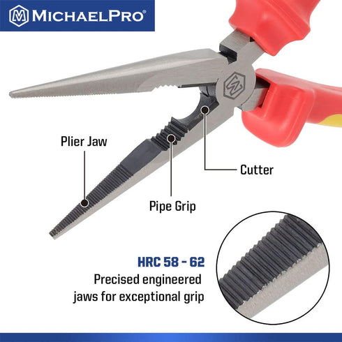 MichaelPro 8-Inch Insulated Long Needle Nose Plier, 1000V VDE Certified for Electric Vehicles, Anti-Slip Handle
