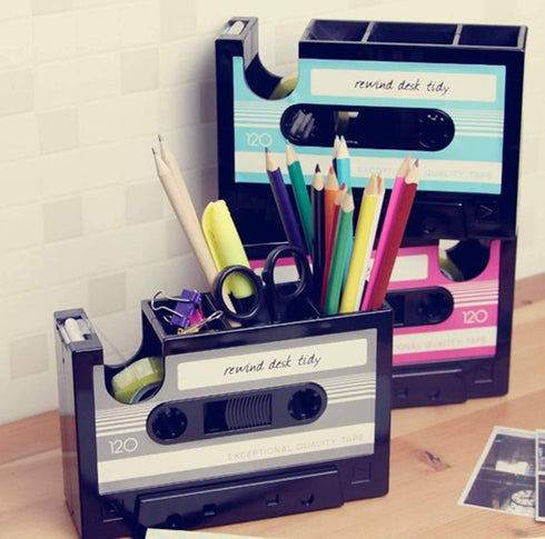 Cassette Tape Dispenser Pen Holder, Blue Stationery Desk Tidy Container Gift