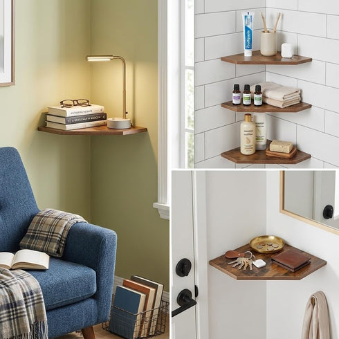 SUYU Set 3 11.8" of Floating Corner Shelves, Rustic Wood Corner Shelf Wall Mounted, L-Shaped Corner Wall Shelf