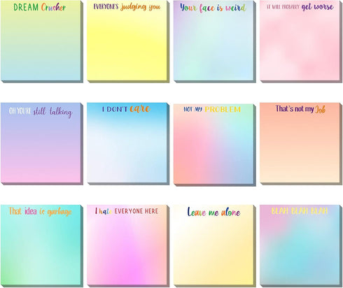 Snarky Office Sticky Notes 12 Pieces, 3 x 3 Inch Funny Note Pads with Complaining Quotes, Vibrant Passive Notepads