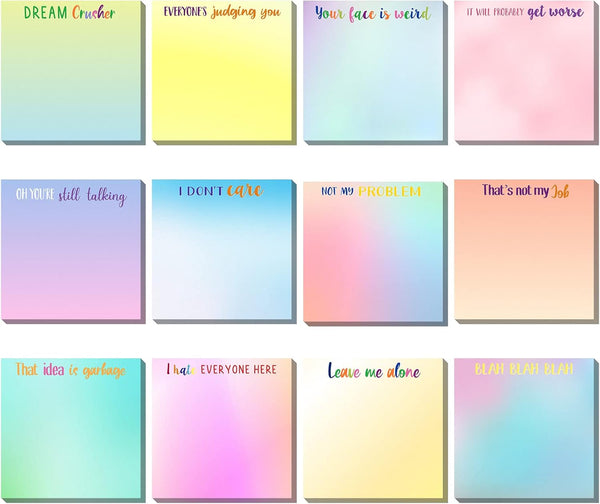 Snarky Office Sticky Notes 12 Pieces, 3 x 3 Inch Funny Note Pads with Complaining Quotes, Vibrant Passive Notepads