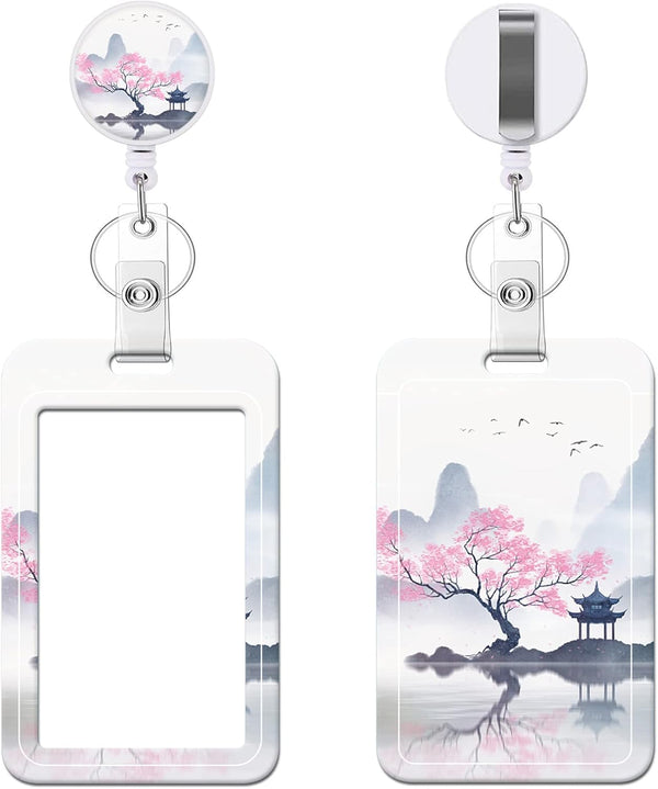 Retractable Badge Holder with Carabiner Clip, Vertical ID Holder with Keychain, Landscape Painting Design