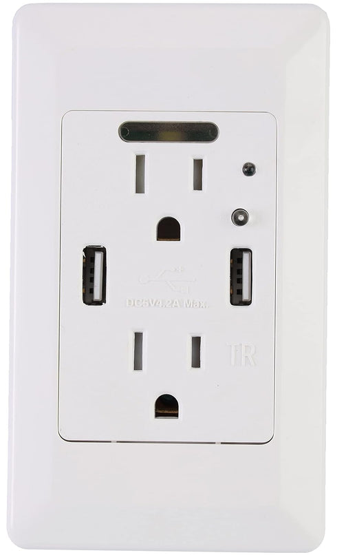 EG-U205 High Speed Dual USB Share 4.2A Charger with 15A Tamper Resistant Wall Receptacle 2 Outlets Band Panel/Night Light White ETL Listed