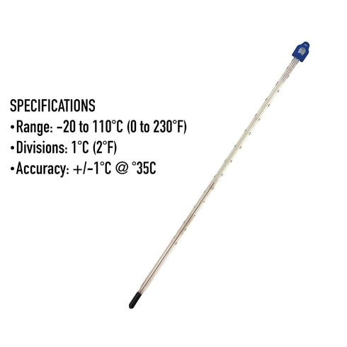 Glass Thermometer -10 to +110 C&F, 300mm Liquid in Glass Thermometer for Scientific Laboratory Grade
