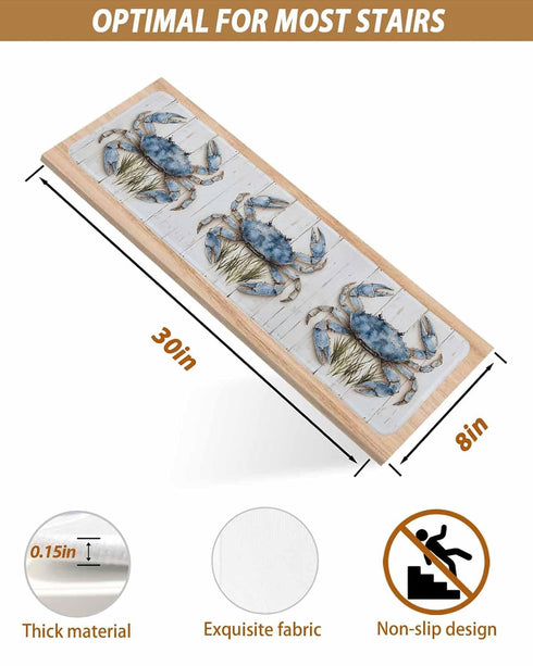BOHOOSKYLAR 4 8"x30" Farmhouse Watercolor Stair Treads Crab Ocean Marine Life Wood Grain Indoor Non Slip Peel and Stick