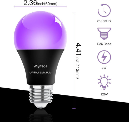 2 Pack LED Black Light Bulbs, A19 9W UV, Replace Up to 100W, E26 Base, Glow in the Dark for Body Pain & Halloween