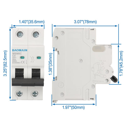 Baomain 25A AC Miniature Circuit Breaker, 400V 50Hz 6000A 2 Pole C65 MCB DIN Rail Mounting, MBM6C
