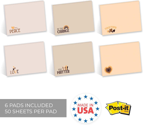 Diversity Sticky Note Assortment, Set of 6, 4" x 3" Modern Repositionable Pads, 50 Sheets Per Pad, Made in The USA