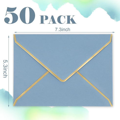 Whaline 50Pcs A7 Invitation Envelopes with Gold Border Dusty Blue Greeting Card Envelopes V-Flap Envelopes Gift Card Sleeves for Mailing Envelopes Sending Card, 7.3x5.3 Inch by Whaline