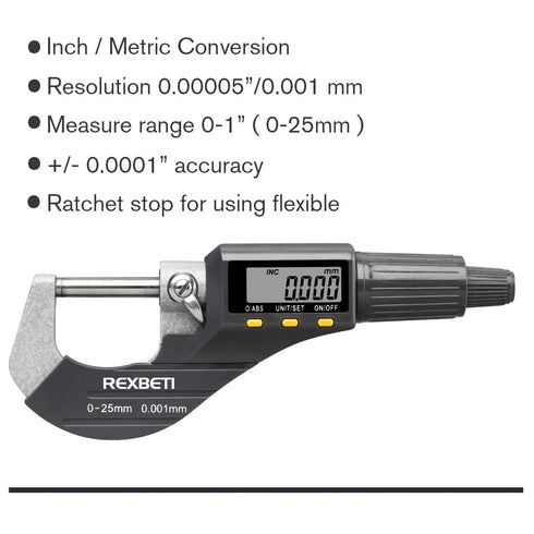 REXBETI Digital Micrometer, Professional Thickness Gauge 0.00005"/0.001 mm, Protective Case with Extra Battery