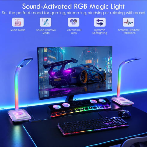 SMARTERIOR Sync,Dimmable RGB Gaming Desk Lamp with Music LED Lamp with Wireless Charging Station,USB Charging