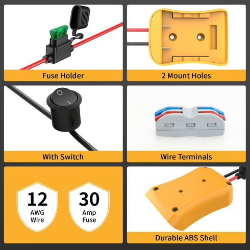 Power Wheels Adapter for Dewalt 20V Battery Adapter, 20V Power Wheels Battery Converter Kit with Fuses Holder and Switch, Wire Terminals, 12AWG Wire for RC Car Toys Truck Adapter Set (2 Pack)