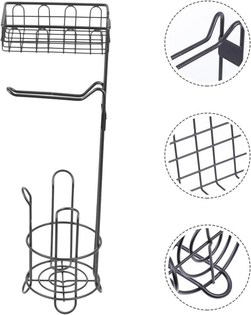 Freestanding Black Iron Bathroom Toilet Paper Holder with Storage Rack and Hollow Design Roll Dispenser for Household