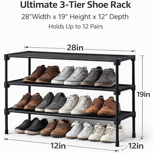 Generic 3-Tier Closet, Stackable Shoe Rack Organizer with Handle & Cleaning Brush, Adjustable Metal Shoe Shelf