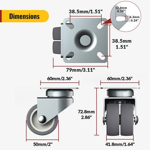 Heavy Duty Caster Wheels, 2 Inch Casters for Furniture, Safety Brake Swivel Caster Set of 4, Total Capacity 880 lbs