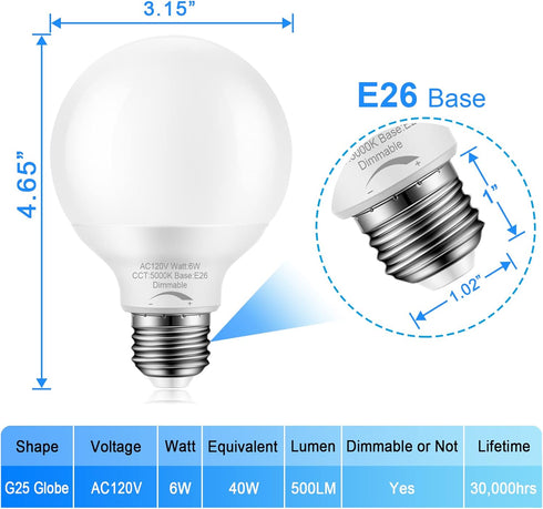 10 Pack Dimmable G25 Globe Light Bulbs LED, 6W=40W Replacement, Daylight White 5000K, E26 Medium Base, Ideal for