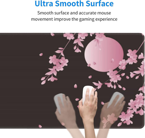Sakura Cherry Blossom Large Gaming Mouse Pad 31.5x11.8in, Non-Slip Rubber Base, Waterproof Flower Design for Office/Game