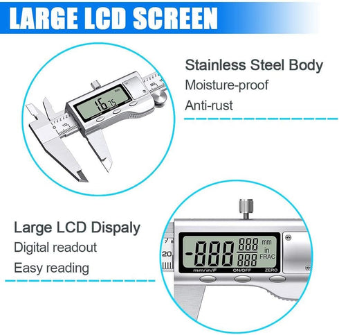 Digital Caliper Measuring Tool - Stainless Steel Vernier Caliper with Large LCD Screen, 6 Inch for DIY/Household