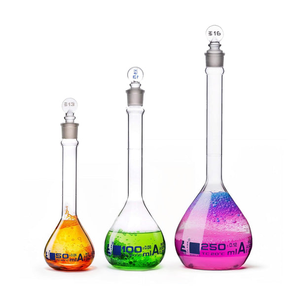 EISCO Premium Volumetric Flask Set - 50ml, 100ml & 250ml - Class A, ASTM E288 - Borosilicate 3.3 Glass with Penny