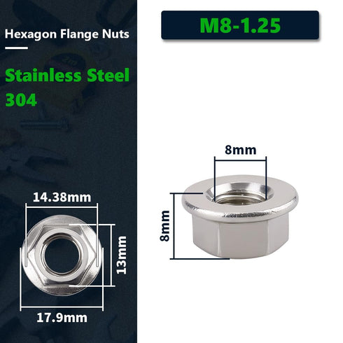 RoyceMart (20 M8-1.25 304 PCS) Hexagon Flange Nuts with Non-Serrated Flange Washer Head, Stainless Steel, Hex Drive