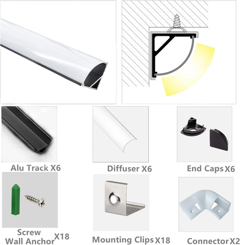 3.28FT Diffuser,6-Pack (3.28FT, 6) THMOOTHER UV Resistance V Shape LED Strip Black Channel Aluminum Profiles