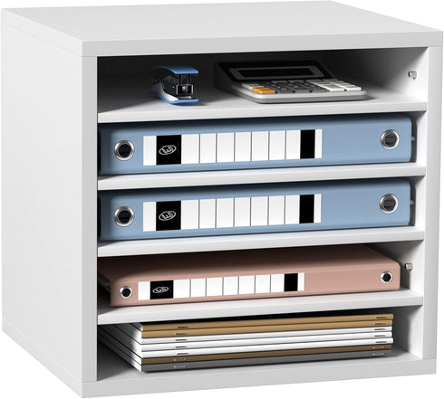VEVOR Office Mailbox Literature Organizers, 5 Compartments with Adjustable Shelves, Wood Sorter 13.9x12x13 inches, White