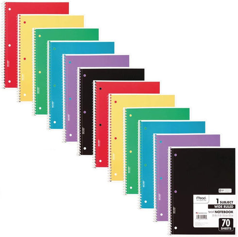 Mead Spiral Notebooks - 12 Pack, 1-Subject, Wide Ruled Paper, 70 Sheets per Notebook, Color Will Vary